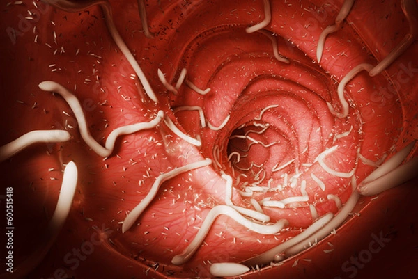 Fototapeta Roundworm parasites in the human intestine. Ascariasis. Diseases of the human digestive system. 3d rendering