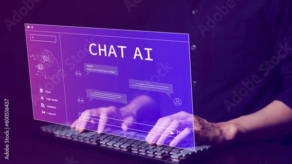 Fototapeta Chat with AI or Artificial Intelligence technology. Man using a laptop computer chatting with an intelligent artificial intelligence asks for the answers he wants. Smart assistant futuristic, ChatGPT