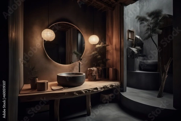 Fototapeta Contemporary Bathroom Retreat Featuring a Freestanding Bathtub, Japandi Style, Boho-Scandinavian Elements, and a Calming Color Scheme