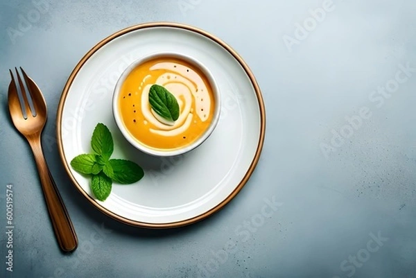 Fototapeta ad style capuccino with some mint & a  spoon fork created with Generative AI technology	
