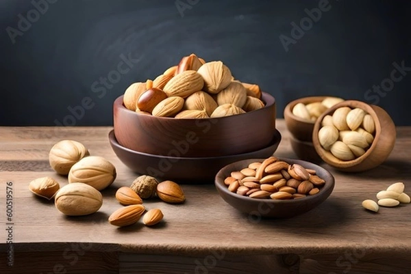 Fototapeta nuts on bowls an some on the table, ad style created with Generative AI technology	