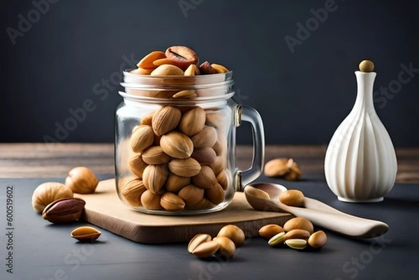 Fototapeta ad style nuts in a glass jar  and oil created with Generative AI technology	