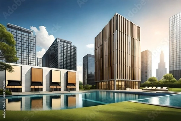 Fototapeta modern city with a pool created with Generative AI technology	