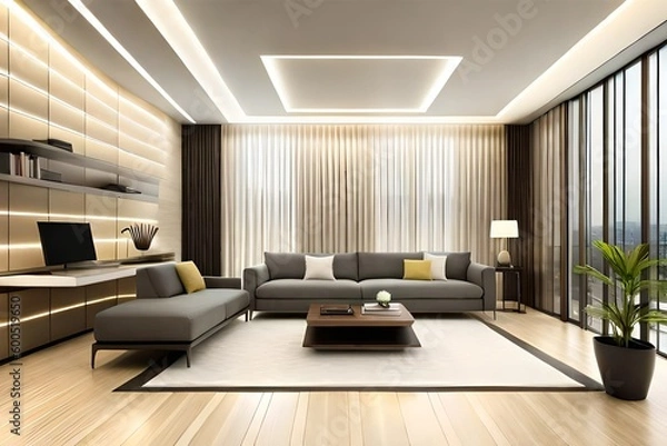 Fototapeta modern living room with an office created with Generative AI technology	