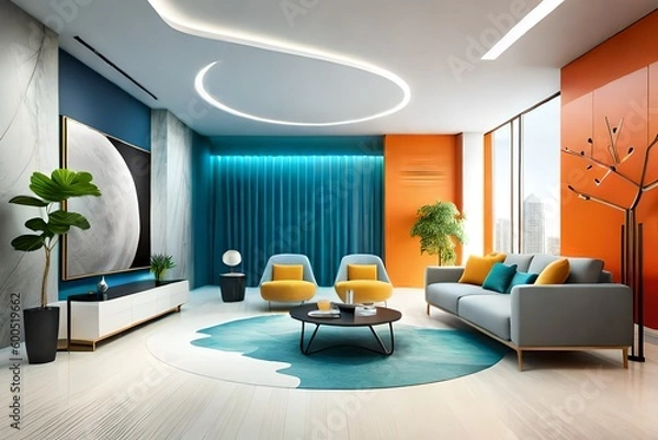 Fototapeta colorful living room that looks like a futuristic living room created with Generative AI technology	