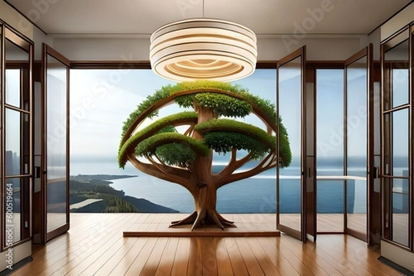 Fototapeta modern living room with a big tree and lamp in the middle created with Generative AI technology	