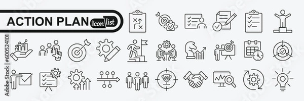 Fototapeta Action plan icon set. Containing planning, schedule, strategy, analysis, tasks, goal, collaboration and objective icons. Solid icon collection.