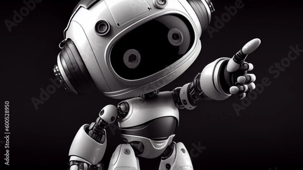 Obraz Portrait of a robot intently pointing at something with his hand, on an isolated dark background. Generative AI