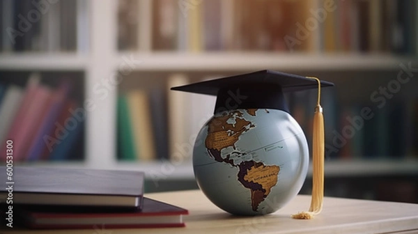 Fototapeta Graduation cap with Earth globe. Concept of global business study, abroad educational, Back to School. Education in Global world, Study abroad business in universities in worldwide.