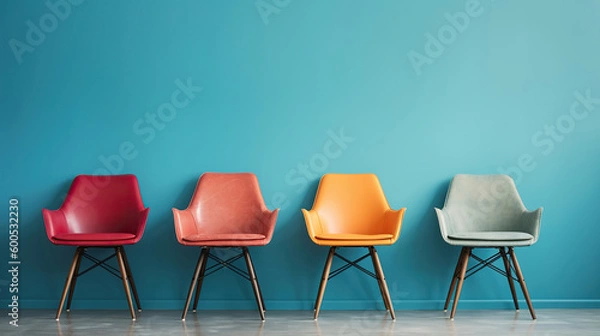 Fototapeta Modern colorful vintage chairs standing in interior empty blue room for copy space. Generative Ai