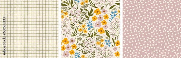 Obraz set of elegant floral seamless backgrounds. botany endless illustration. twigs and flowers, checkered background, background with dots. delicate flowers for cover, fabric and poster.