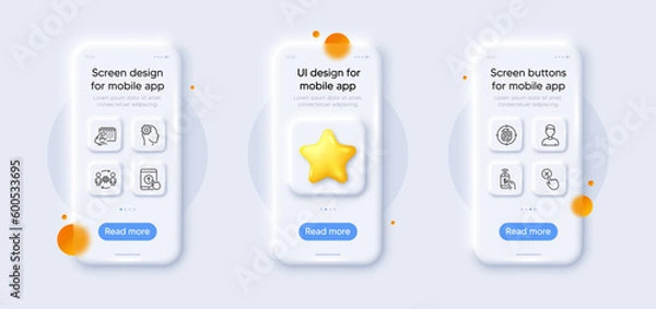 Fototapeta Engineering, Reject click and Fingerprint line icons pack. 3d phone mockups with star. Glass smartphone screen. Engineering team, Headshot, Swipe up web icon. Vector