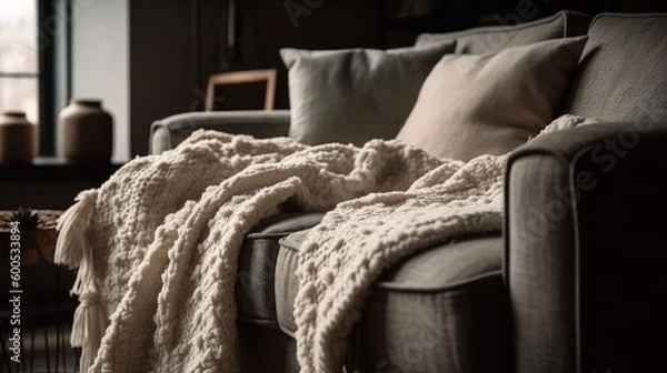 Fototapeta Luxurious and cozy throw blanket on the couch. AI generated