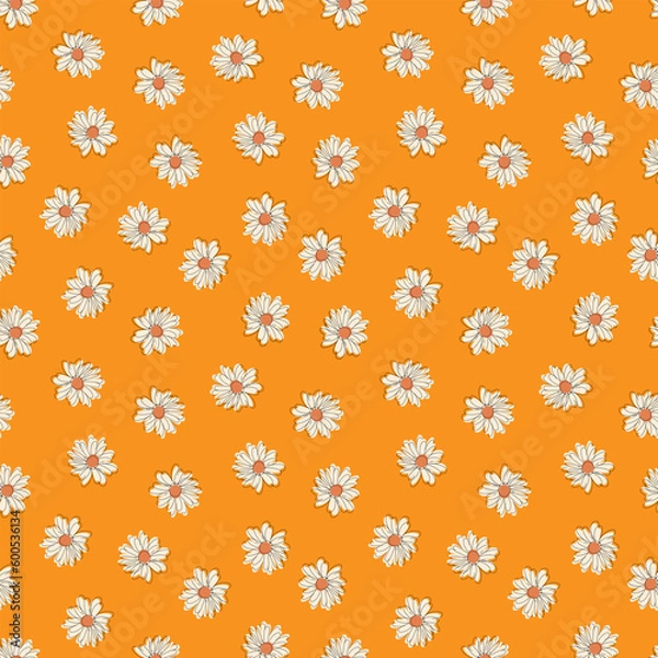Fototapeta Vector seamless summer pattern of daisies in retro style in orange colors with offset outline. Can be used for printing, textile and packaging.
