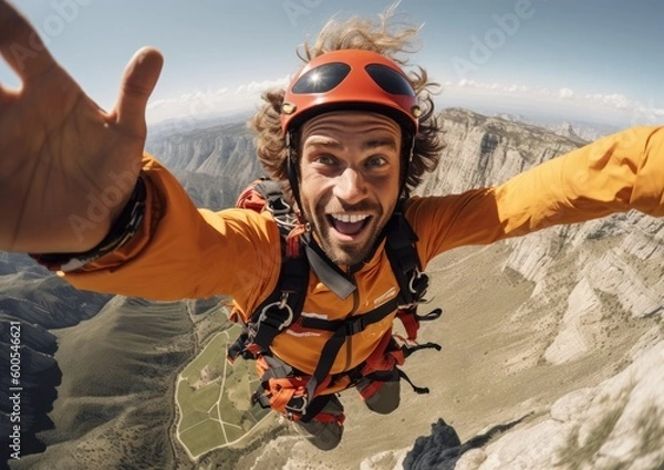 Fototapeta POV of The Fear, adrenaline rush and Excitement of Base Jumper. Generative AI.