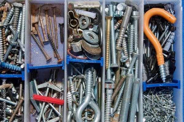 Obraz Closeup container variety of screws nails bolts repair items