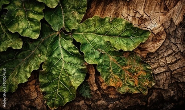 Fototapeta  a close up of a green leaf on a tree trunk.  generative ai