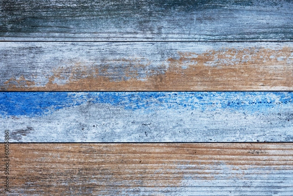 Fototapeta wooden boards with bright blue and beige paint. horizontal lines. rough surface texture