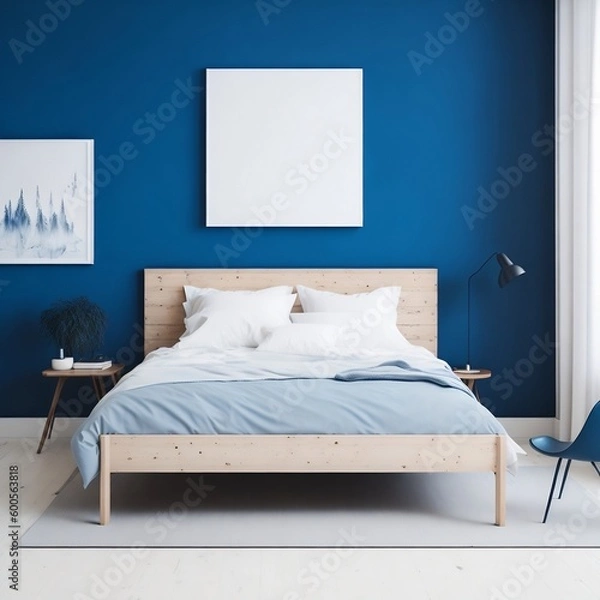 Fototapeta Blank wooden frame mockup on the wall and a centered bed in a trendy modern Scandinavian interior with blue tones.