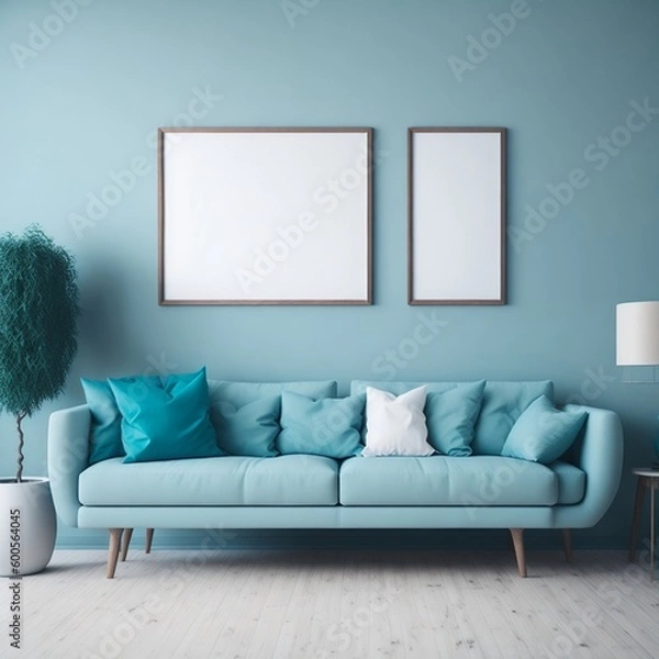 Fototapeta Blank wooden frame mockup on the wall and a centered bed in a trendy modern Scandinavian interior with cyan color tones.