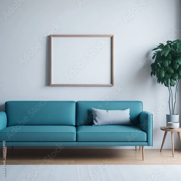 Fototapeta Blank wooden frame mockup on the wall and a centered sofa in a trendy modern Scandinavian interior with mint color tones.