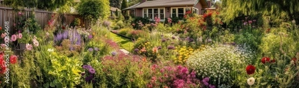 Fototapeta A bustling garden with a colorful display of bloomin. Horizontal banner. AI generated
