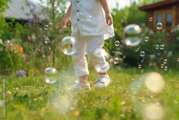 Fototapeta A close - up of big bubbles, blurred background of a child's legs wearing white clothes and running around on the lawn. AI generative