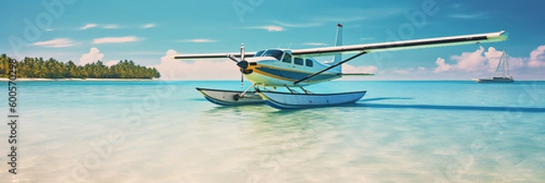 Fototapeta A stunning view of a sea plane gracefully landing on a pristine white sandy beach. AI generative