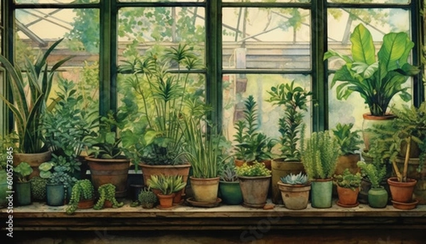 Obraz Watercolour illustration of a green hause pot plants arrangement on a wooden rustic vintage window. Greeting card or envelope artwork print project no 12.