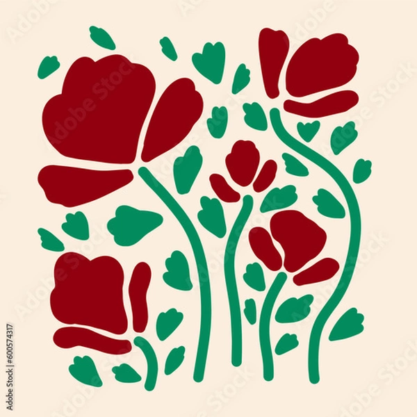 Fototapeta Aesthetics of Matisse's curves. Groovy abstract postcards with patterns. Flower drawings, botanical art. Fashionable organic style of naive retro hippies of the 60-70's. Mother's Day vector background