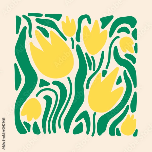 Fototapeta Aesthetics of Matisse's curves. Groovy abstract postcards with patterns. Flower drawings, botanical art. Fashionable organic style of naive retro hippies of the 60-70's. Mother's Day vector background