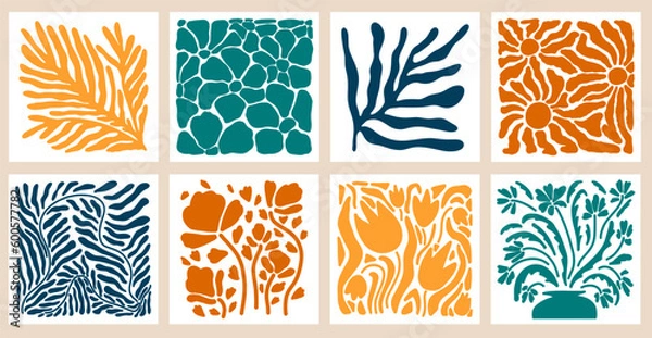 Fototapeta Aesthetics of Matisse's curves. Groovy abstract postcards with patterns. Flower drawings, botanical art. Fashionable organic style of naive retro hippies of the 60-70's. Mother's Day vector background