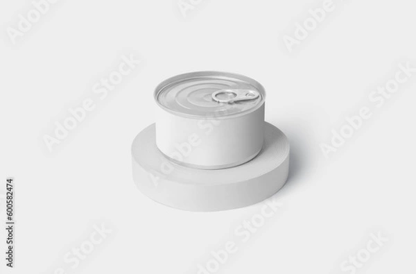 Fototapeta Blank white conserve can with lid mock up, 3d rendering. Empty canned jar mockup isolated. 3D illustration.