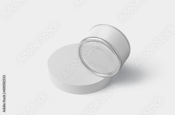 Fototapeta Blank white conserve can with lid mock up, 3d rendering. Empty canned jar mockup isolated. 3D illustration.