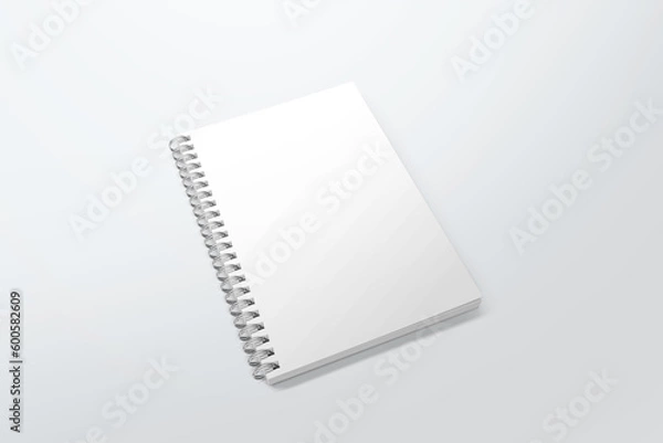 Fototapeta Blank spiral notebook template. Isometric view, on white background. Realistic mockups. For your mockups. 3D illustration, 3D rendering.