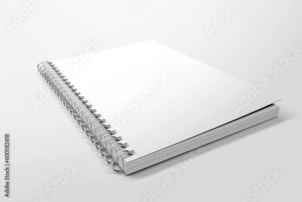 Fototapeta Blank spiral notebook template. Isometric view, on white background. Realistic mockups. For your mockups. 3D illustration, 3D rendering.