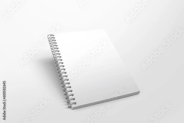 Fototapeta Blank spiral notebook template. Isometric view, on white background. Realistic mockups. For your mockups. 3D illustration, 3D rendering.