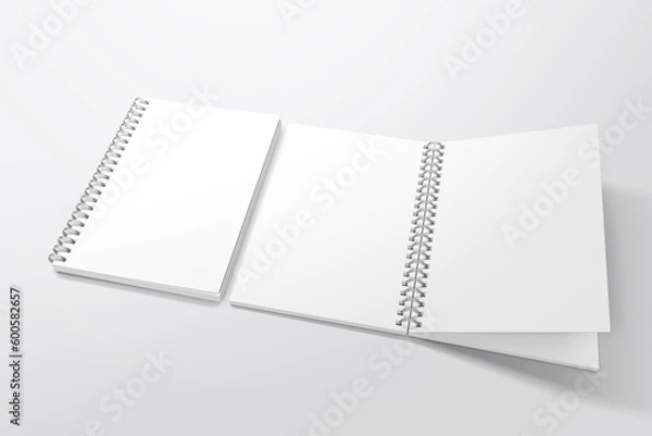Fototapeta Blank spiral notebook template. Isometric view, on white background. Realistic mockups. For your mockups. 3D illustration, 3D rendering.