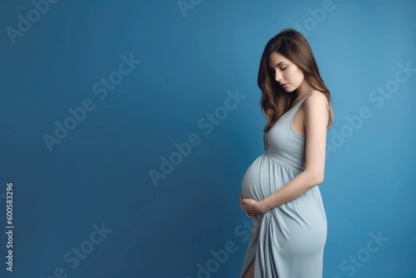 Obraz Beautiful pregnant woman standing on blue background. Ai generative.