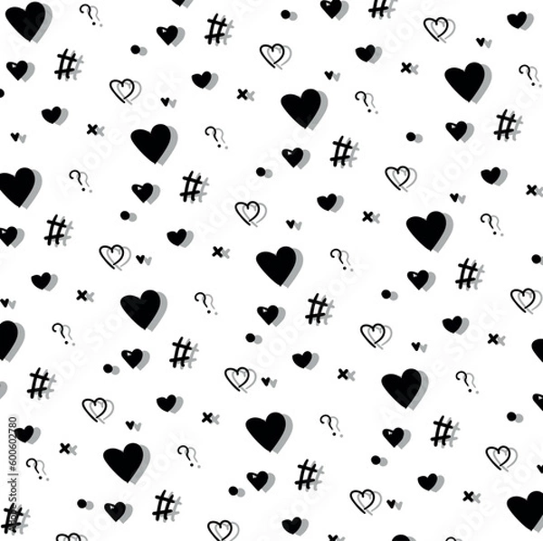 Fototapeta Monochrome cluster of hearts, question marks, lattice, dots and crosses