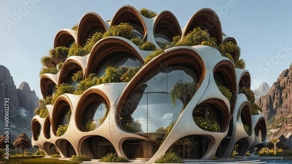 Fototapeta The Hive - Sci-fi futuristic brutalist architecture style building structure with cylindrical pattern and lush vegetation façade - Generative AI Illustration