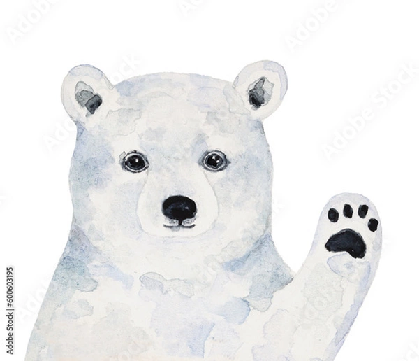 Obraz Watercolour illustration of cute little polar bear cub with waving hand saying hello. Hand painted water color sketchy drawing on white background, cut out clipart element for design decoration.
