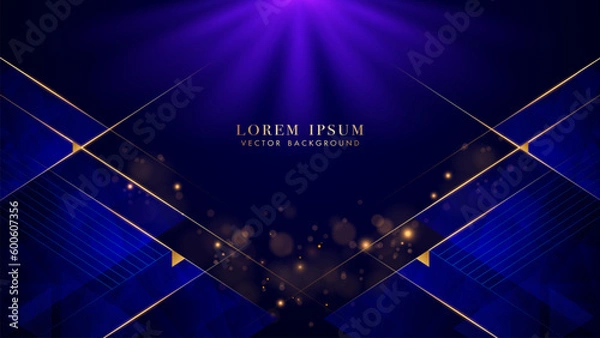 Obraz Blue triangle elegant shine with slant golden lines, rays sparkle glowing effect and bokeh elements. Modern Abstract style vector design