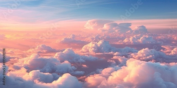 Fototapeta Beautiful pastel cloudscape. Fluffy clouds in the sky. Horizon from a plane. Weather and overcast dawn.	