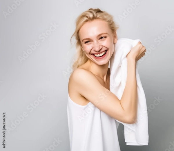Fototapeta A stunning European American girl with flowing blond hair, smiling directly at the camera in bright studio lighting against a white background.