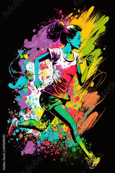 Fototapeta Ai generated illustration Running Woman in Motion, Colorful
