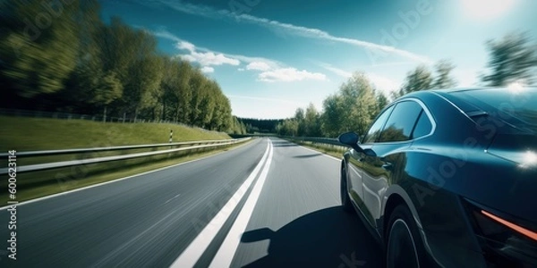 Fototapeta Electric Car driving on the road with green nature and blue sky motion blur background. Generative AI