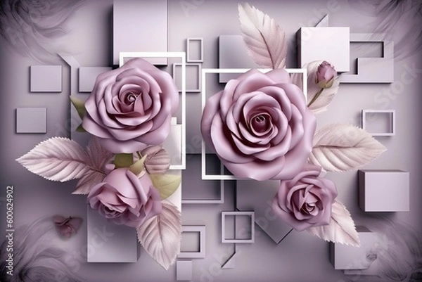 Fototapeta 3d Mural modern wallpaper. purple rose flowers with Squares and decorative background . modern art for wall home decor, generate ai