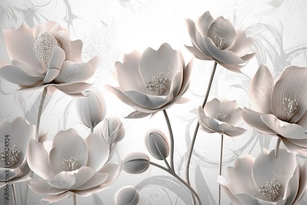 Fototapeta 3d mural wallpaper with simple floral painting light gray background. generate ai