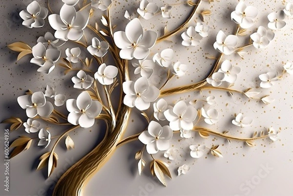 Fototapeta 3d wallpaper floral tree with white flower leaves and golden stem.  generate ai